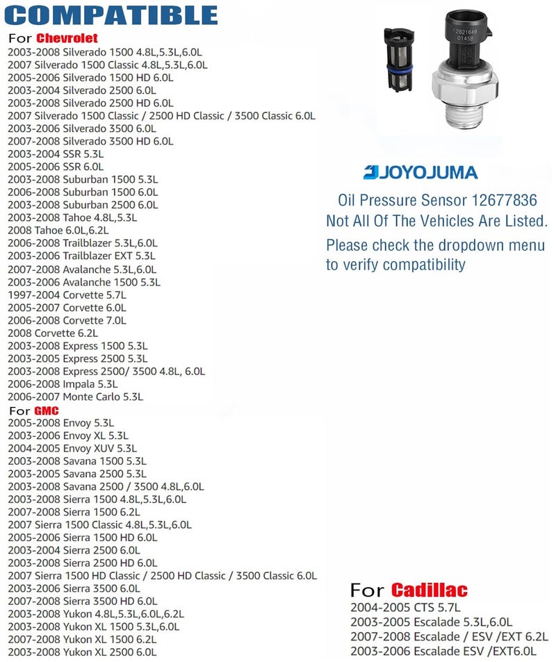 JOYOJUMA 12677836 Oil Pressure Switch/Sensor/Sending Unit for 2003-2008 Chevrolet Chevy Silverado GMC Sierra Buick Lacrosse Cadillac Escalade 2003-2008 4.8L/5.3L/6.0L/6.2L D1846A - Image 2